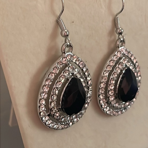 2” silver plated tear drop shaped drop earrings w/50 prong set crystals - Picture 9 of 16